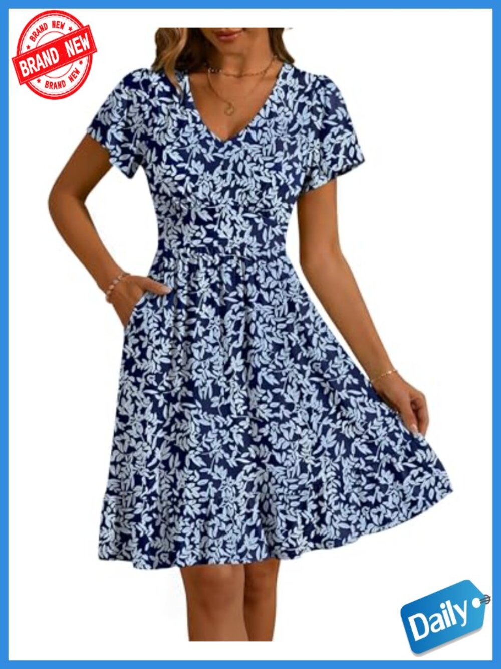 Summer V-Neck Casual Beach Sundress Empire Waist Short Flutter Sleeve Ruffle